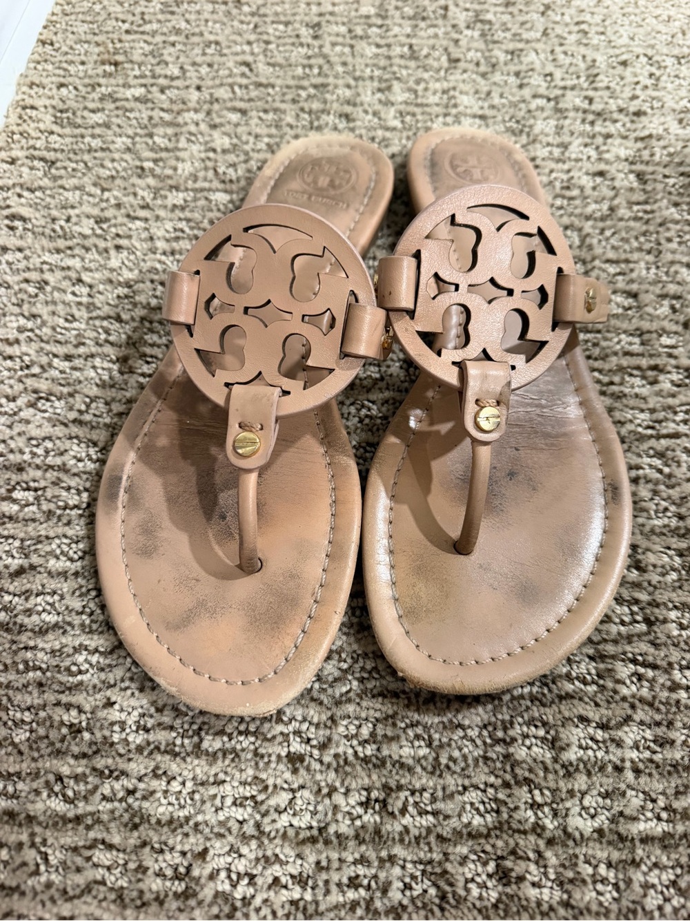 Tory Burch Tan Leather Logo Thong Sandals